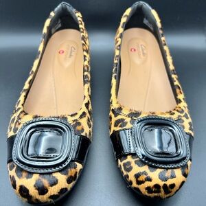 Clarks Animal Print Flats with Glossy Black Buckle
